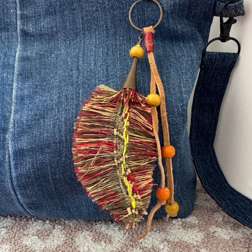 Handmade Cotton Feather & Leather Fringe Bag Charm – Boho Style
